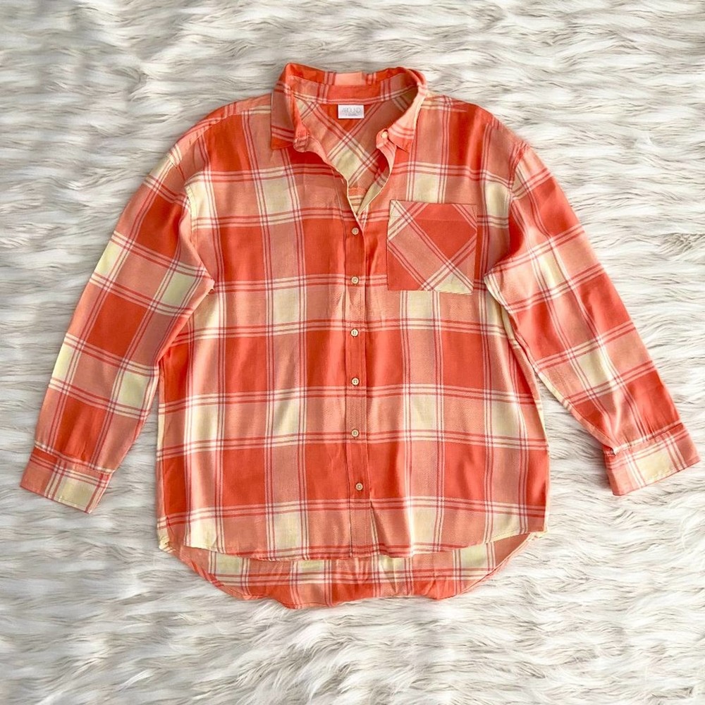 Abound Orange Coral Yellow Plaid Button Up Shirt Sz S